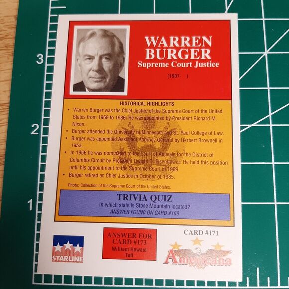 1992 Warren Burger - Starline Americana Trading Card #171 Supreme Court Justice - Picture 2 of 2